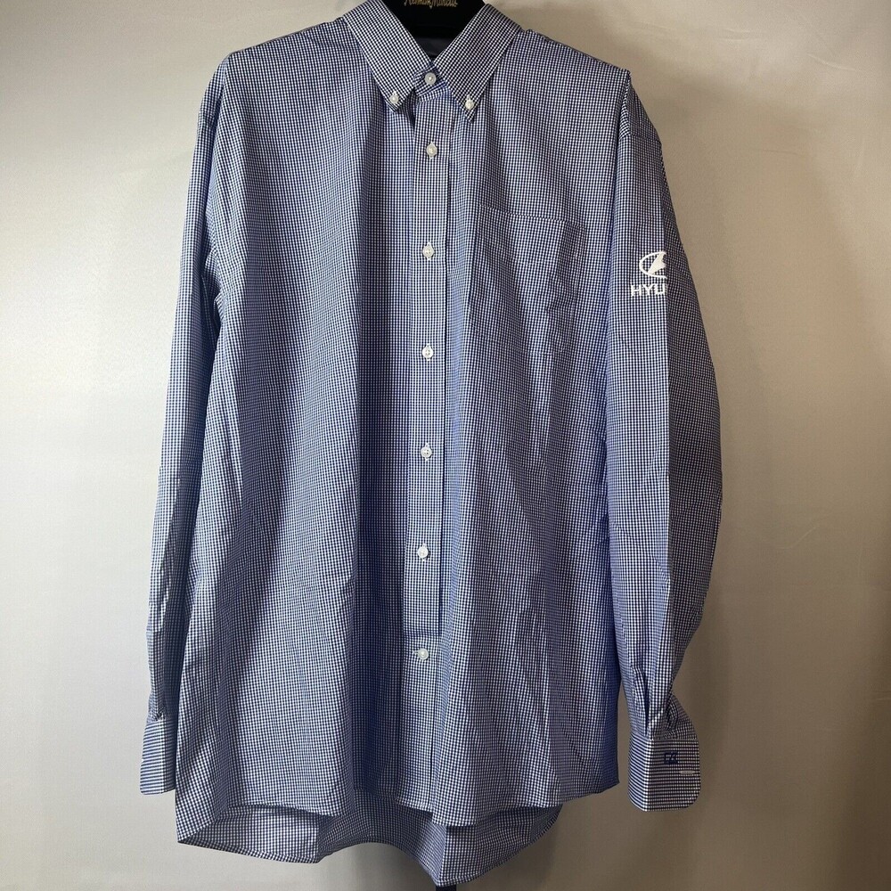 Cutter & Buck Blue And White ￼Checkered Dress Shirt Adult Size XL Hyundai Logo